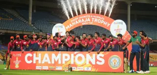 Shivamogga Yodhas celebrate after winning the DACCS Maharaja Trophy KSCA T20 2026 final against Bengaluru Blasters.