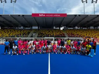 Indian Junior Men's Hockey Team celebrates victory over the Netherlands during the Belgium exposure tour.