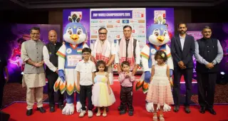 Union Sports Minister Mansukh Mandaviya unveils the Peacko mascot for the BWF World Championships New Delhi 2026.