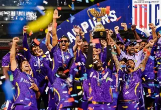 Los Angeles Knight Riders players celebrate after winning the Major League Cricket 2026 title.