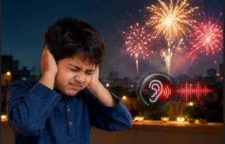 Firecrackers bursting during Diwali celebrations with a person covering their ears to protect against loud noise